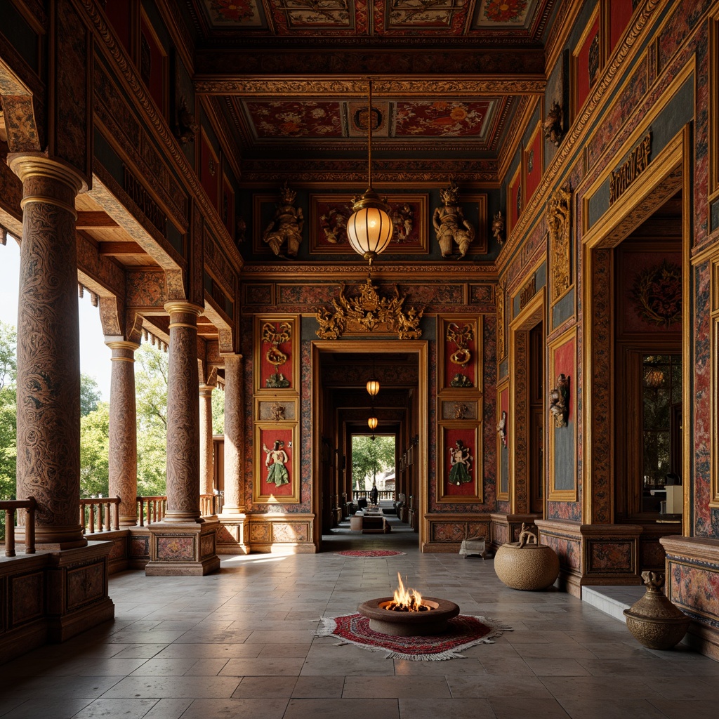 Prompt: Traditional temple architecture, intricate carvings, vibrant cultural patterns, ornate golden details, richly textured fabrics, ceremonial masks, ancient artifacts, rustic wooden accents, mysterious lanterns, warm soft lighting, shallow depth of field, 1/1 composition, panoramic view, realistic textures, ambient occlusion.