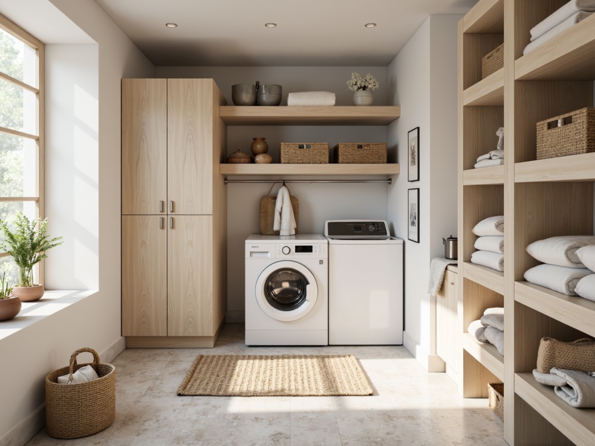 Prompt: Sophisticated laundry room, soft pastel hues, creamy whites, gentle grays, warm beige tones, rich wood accents, metallic chrome fixtures, sleek modern appliances, minimalist shelving units, natural stone flooring, woven baskets, plush area rugs, calming ambient lighting, airy open space, 1/1 composition, realistic textures, subtle shadows.