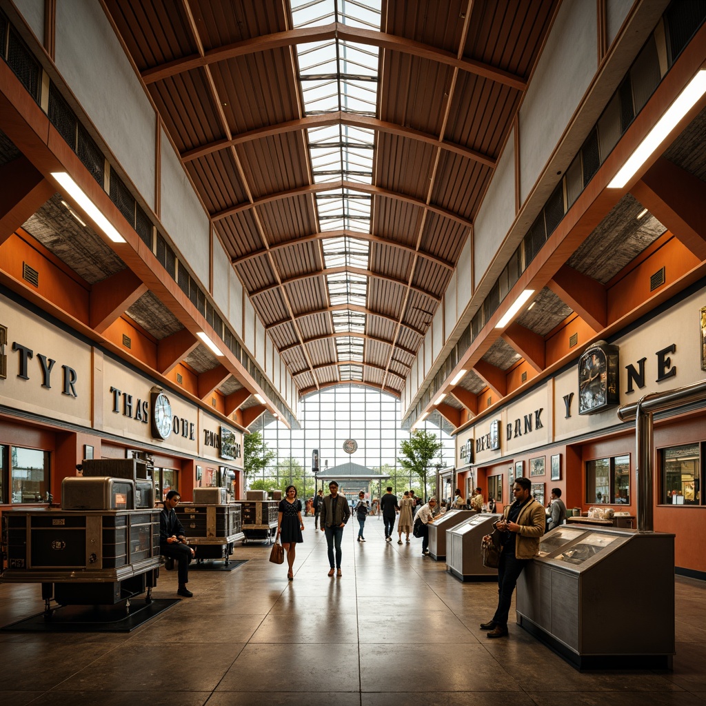 Prompt: Retro-futuristic train station, mid-century modern architecture, sleek lines, minimal ornamentation, functional design, wayfinding signage, bold typography, bright color schemes, geometric patterns, retro-style clocks, vintage luggage racks, polished metal fixtures, warm lighting, shallow depth of field, 1/1 composition, panoramic view, realistic textures, ambient occlusion.