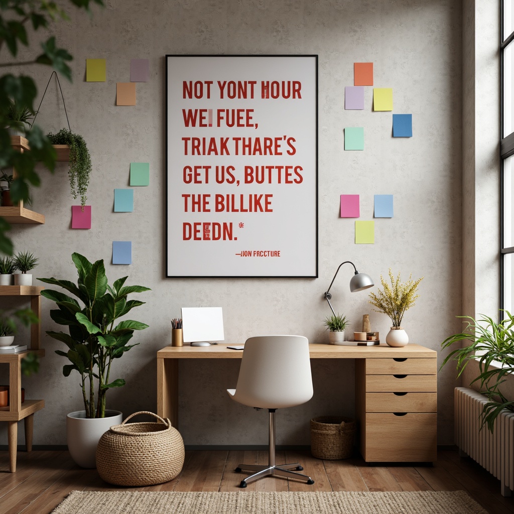 Prompt: Vibrant design studio, modern minimalist desk, sleek metal chair, inspirational quote wall art, creative brainstorming sessions, colorful sticky notes, trendy pastel colors, bold typography, natural wood accents, cozy ambient lighting, shallow depth of field, 1/1 composition, soft focus effect, realistic textures, warm atmosphere.