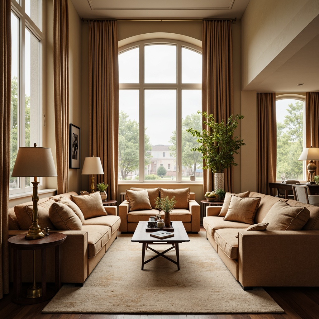 Prompt: Luxurious living room, plush sofas, velvet armchairs, wooden coffee tables, metal floor lamps, creamy carpets, warm beige walls, large windows, natural light, soft diffused lighting, 1/2 composition, intimate atmosphere, cozy textures, ambient occlusion.