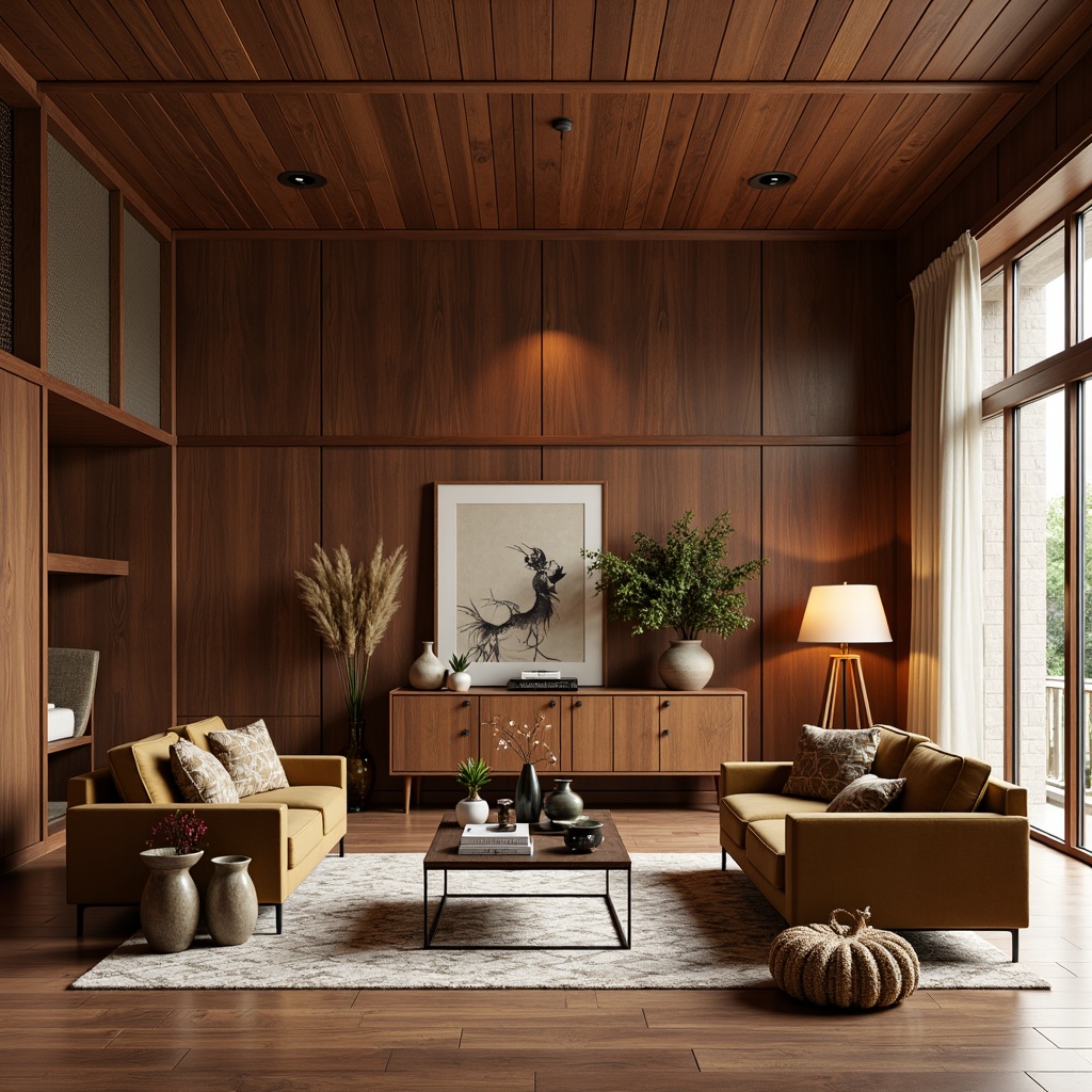 Prompt: Retro-styled living room, warm wood accents, rich walnut paneling, plush velvet sofas, sleek metal coffee tables, geometric patterned rugs, natural fiber textiles, organic shaped decorative objects, earthy color palette, soft diffused lighting, shallow depth of field, 2/3 composition, realistic material renderings, ambient occlusion.