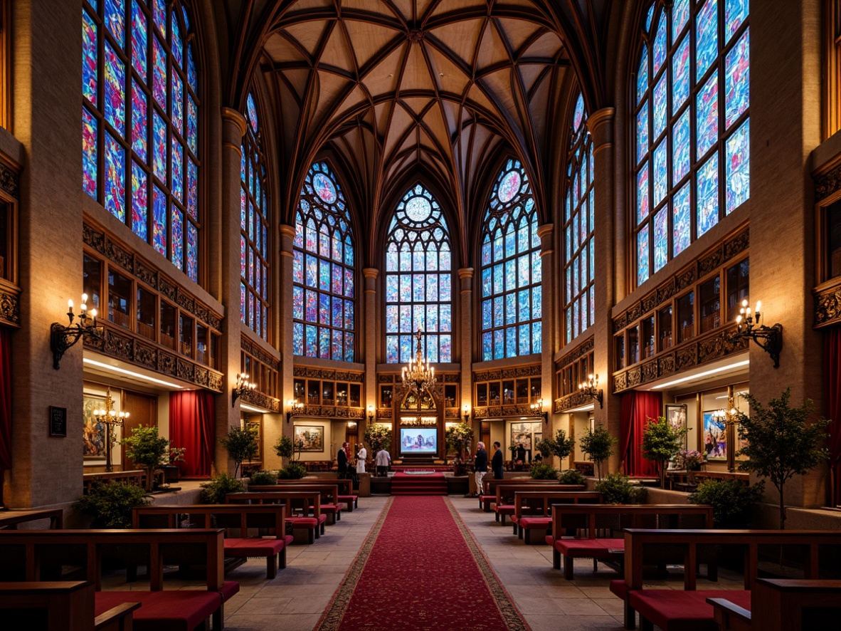 Prompt: Vibrant stained glass windows, kaleidoscope colors, ornate patterns, Gothic architectural style, grand cathedrals, intricate facades, luxurious interior designs, opulent chandeliers, rich textiles, velvety drapes, warm ambient lighting, dramatic shadows, 1/1 composition, symmetrical framing, high contrast, realistic reflections, detailed textures.