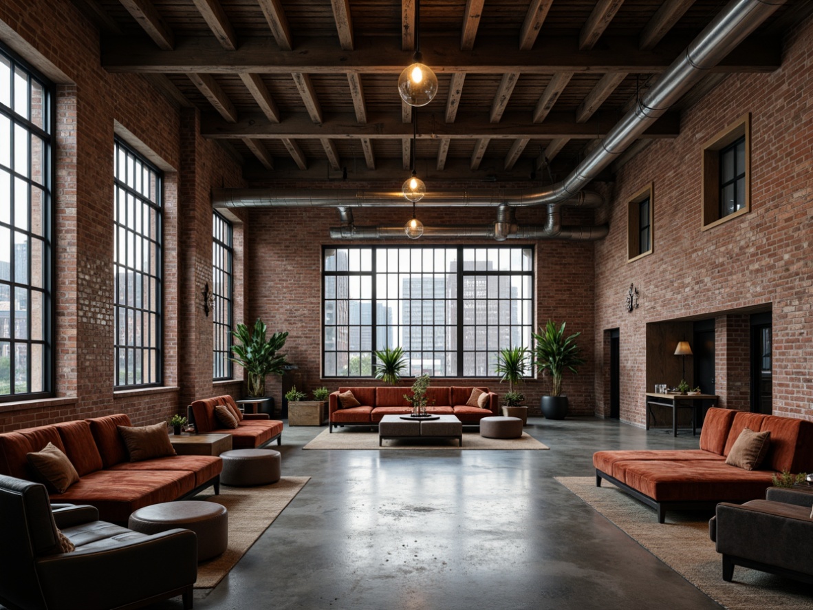 Prompt: Exposed brick walls, metal beams, reclaimed wood accents, industrial chic decor, modern minimalist furnishings, polished concrete floors, Edison bulb lighting, spacious open-plan lobby, luxurious velvet sofas, metallic tone color scheme, urban cityscape views, floor-to-ceiling windows, steel frame doors, distressed leather armchairs, vintage factory machinery, brutalist architecture, low-hanging lamps, atmospheric dim lighting, 1/2 composition, symmetrical framing, high-contrast textures, cinematic mood.