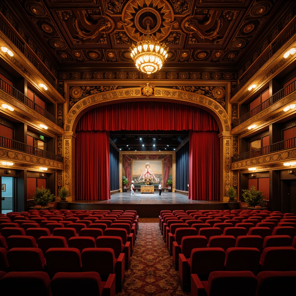 Prompt: \Ornate traditional theatre, intricately carved wooden panels, vibrant red curtains, ornamental golden lighting fixtures, plush velvet seats, majestic proscenium arches, elaborate stage decorations, cultural patterns, rich textiles, warm atmospheric lighting, shallow depth of field, 1/2 composition, realistic textures, ambient occlusion, dynamic spotlights, dramatic shadows, opulent chandeliers, grand entranceways, luxurious lobbies, Oriental-inspired motifs.\Please let me know if this meets your requirements!