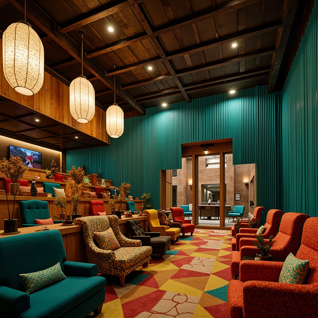 Prompt: Eccentric auditorium, eclectic seating arrangement, bold color schemes, mixed patterned upholstery, irregularly shaped chairs, avant-garde lighting fixtures, industrial metal beams, reclaimed wood accents, plush velvet curtains, oversized decorative lanterns, abstract geometric patterns, vibrant turquoise hues, warm golden lighting, dramatic shadows, 1/1 composition, low-angle shot, cinematic atmosphere.