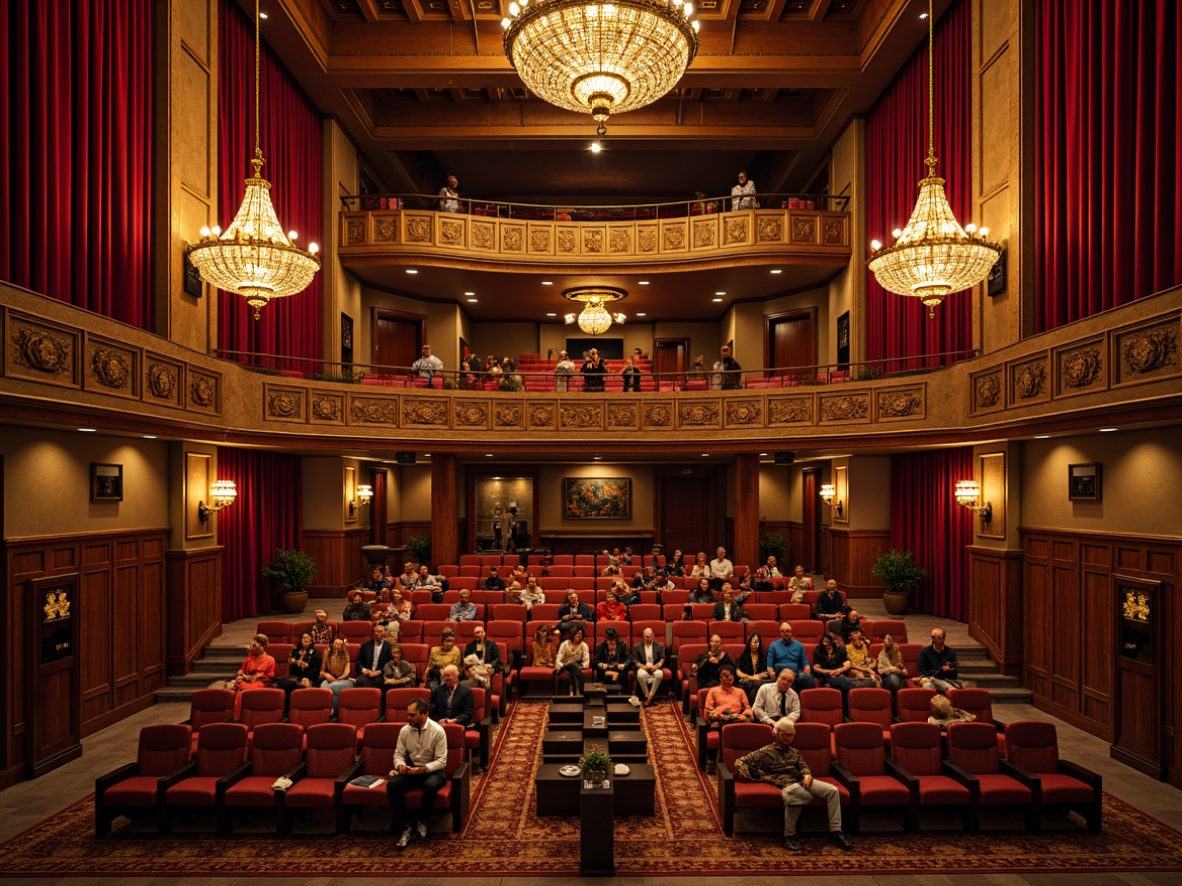 Prompt: Eclectic auditorium, ornate chandeliers, rich velvet drapes, eclectic seating arrangement, curved rows, vibrant colorful upholstery, plush cushions, wooden accents, brass fixtures, dramatic lighting effects, warm ambient glow, shallow depth of field, 1/1 composition, symmetrical framing, realistic textures, intricate architectural details, luxurious atmosphere, grandeur scale, opulent decorations.