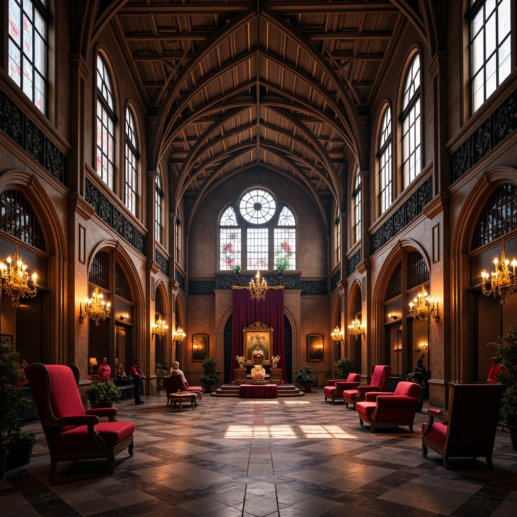 Prompt: Grand Gothic great room, high vaulted ceilings, ornate ribbed arches, stained glass windows, rich wood paneling, intricate carvings, regal thrones, lavish furnishings, crimson velvet drapes, golden chandeliers, mystical ambiance, soft warm lighting, shallow depth of field, 1/1 composition, symmetrical framing, detailed textures, ambient occlusion.