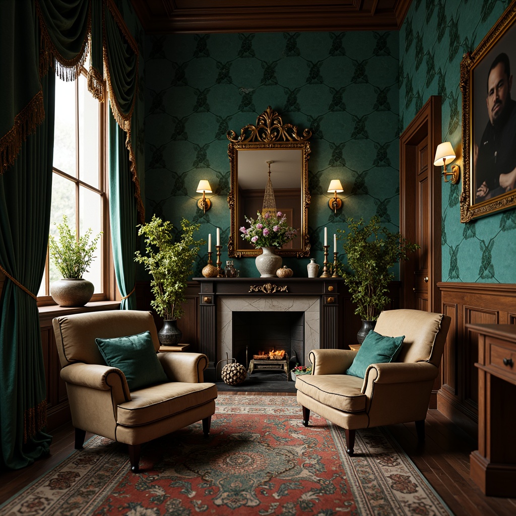 Prompt: Richly patterned teal upholstery, luxurious velvet fabrics, intricately carved wooden furniture, ornate gold accents, lavish drapery, tassel details, plush throw pillows, vintage floral patterns, distressed leather armchairs, warm candlelight, soft focus photography, shallow depth of field, 1/1 composition, intimate atmosphere, classic Victorian architecture, opulent decor, family heirlooms, antique vases, ornate mirrors.