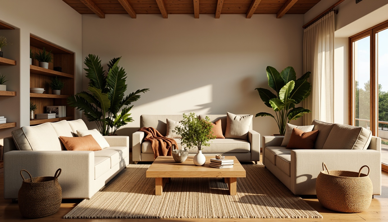 Prompt: Cozy living room, plush throw blankets, soft velvet sofas, woven basket coffee tables, natural fiber rugs, warm beige walls, wooden accents, floor-to-ceiling windows, abundant sunlight, gentle shadows, shallow depth of field, 1/2 composition, inviting atmosphere, realistic textiles, subtle ambient occlusion.