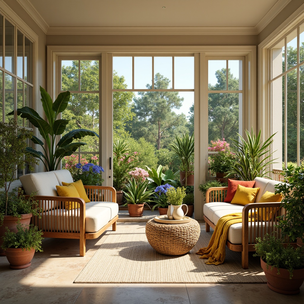 Prompt: Vibrant sunroom, warm natural light, bright sunny day, lush greenery, colorful blooms, wooden furniture, woven textiles, rattan accents, earthy terracotta pots, soft beige walls, creamy white trim, calming blue hues, refreshing mint tones, golden yellow accents, cozy throw blankets, plush area rugs, natural stone flooring, large windows, sliding glass doors, airy atmosphere, warm inviting ambiance, 1/1 composition, soft focus, shallow depth of field.