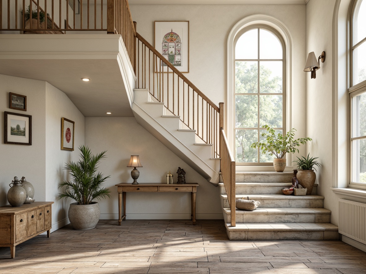 Prompt: Distressed wooden handrails, ornate metal balusters, soft creamy white walls, worn stone steps, vintage-inspired lanterns, rusty metal accents, distressed wood flooring, faded floral patterns, muted pastel colors, natural light pouring through large windows, warm cozy atmosphere, subtle shadows, 1/1 composition, realistic textures, ambient occlusion.