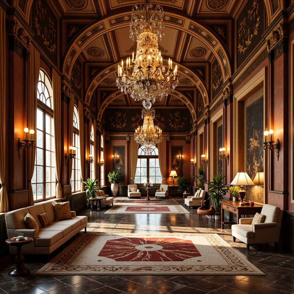 Prompt: Luxurious palace, ornate furnishings, gilded accents, rich wood tones, intricately patterned rugs, polished marble floors, inlaid stone mosaics, warm golden lighting, opulent chandeliers, lavish drapery, velvet upholstery, antique furniture pieces, regal atmosphere, grandiose architecture, symmetrical composition, dramatic archways, ornate moldings, gilded frames, soft focus, shallow depth of field, 1/2 composition.