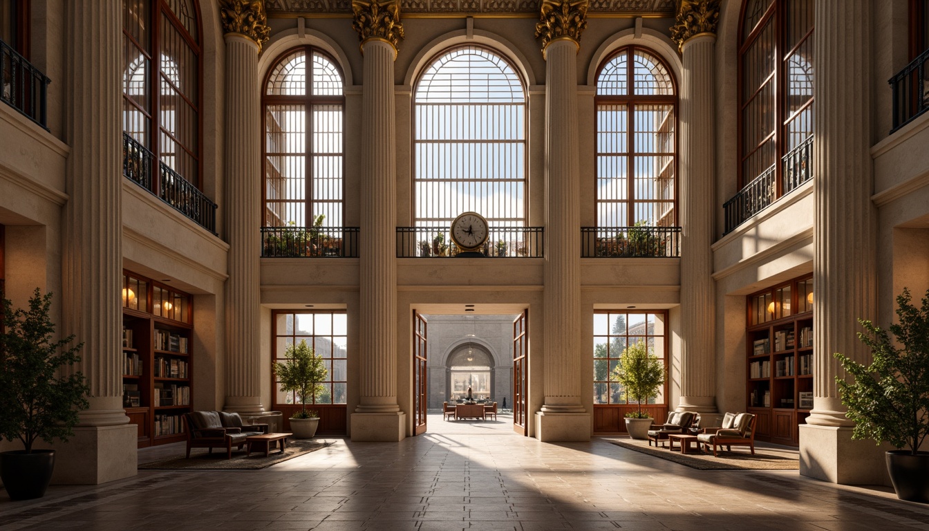 Prompt: Grand courthouse entrance, majestic columns, ornate capitals, elegant arches, neoclassical architecture, limestone fa\u00e7ade, symmetrical composition, central clock tower, stained glass windows, rich wood paneling, ornate chandeliers, sophisticated law library, quiet reading rooms, solemn courtrooms, polished marble floors, warm natural lighting, subtle shadows, 3/4 perspective, realistic textures, ambient occlusion.