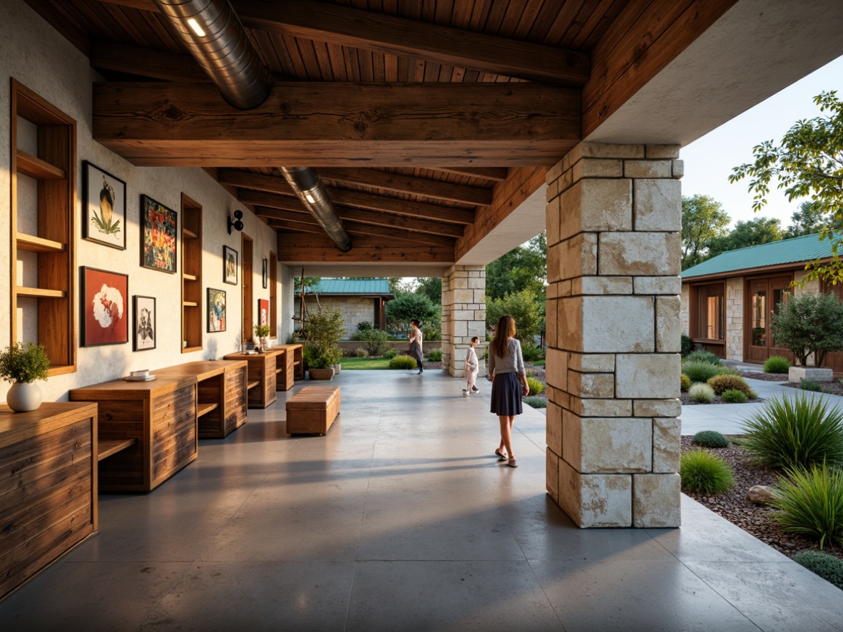 Prompt: Rustic visual arts center, reclaimed wood accents, natural stone walls, earthy color palette, wooden beams, exposed ductwork, industrial lighting fixtures, metal roof, green roofs, outdoor sculpture garden, lush vegetation, meandering pathways, serene atmosphere, soft warm lighting, shallow depth of field, 1/1 composition, realistic textures, ambient occlusion.Let me know if this meets your requirements!