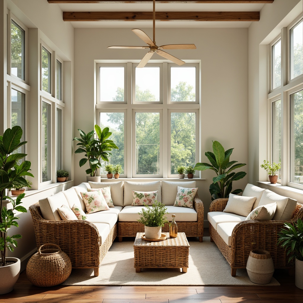 Prompt: Cozy sunroom, large windows, natural light, comfortable wicker furniture, plush cushions, soft pastel colors, botanical prints, rattan coffee table, potted plants, wooden flooring, warm beige tones, relaxing ambiance, 1/1 composition, shallow depth of field, softbox lighting, realistic wood textures, gentle shadows.