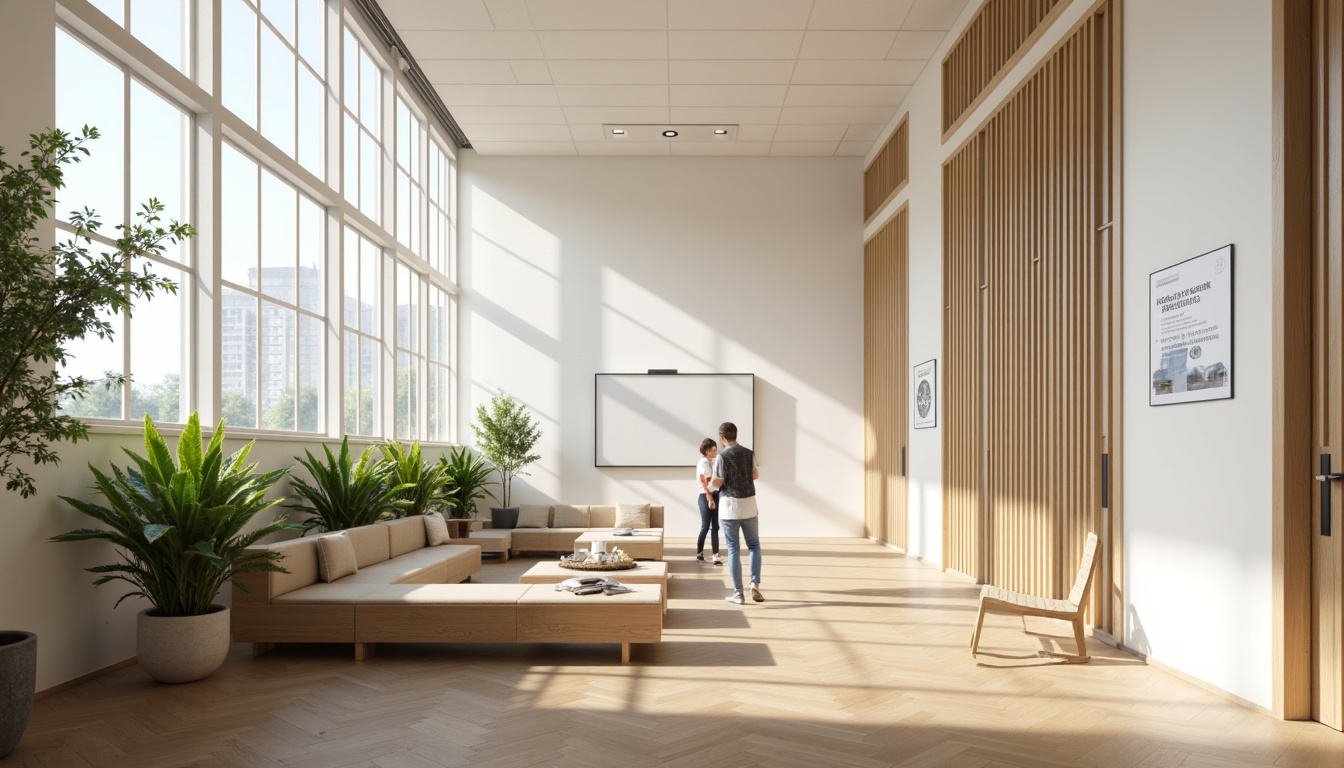 Prompt: Minimalist school building, abundant natural light, floor-to-ceiling windows, simple white walls, wooden flooring, modern furniture, greenery plants, educational posters, subtle color scheme, calm atmosphere, soft shadows, shallow depth of field, 1/1 composition, realistic textures, ambient occlusion, warm and inviting ambiance, cozy reading nooks, collaborative learning spaces.