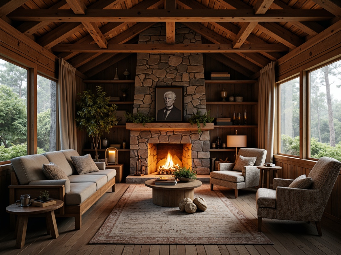 Prompt: Rustic cabin, natural stone walls, rough-hewn wooden beams, earthy color palette, cozy atmosphere, warm candlelight, vintage furniture, woven textiles, distressed finishes, organic shapes, botanical elements, forest surroundings, misty morning, soft diffused lighting, shallow depth of field, 1/1 composition, realistic wood grains, ambient occlusion.