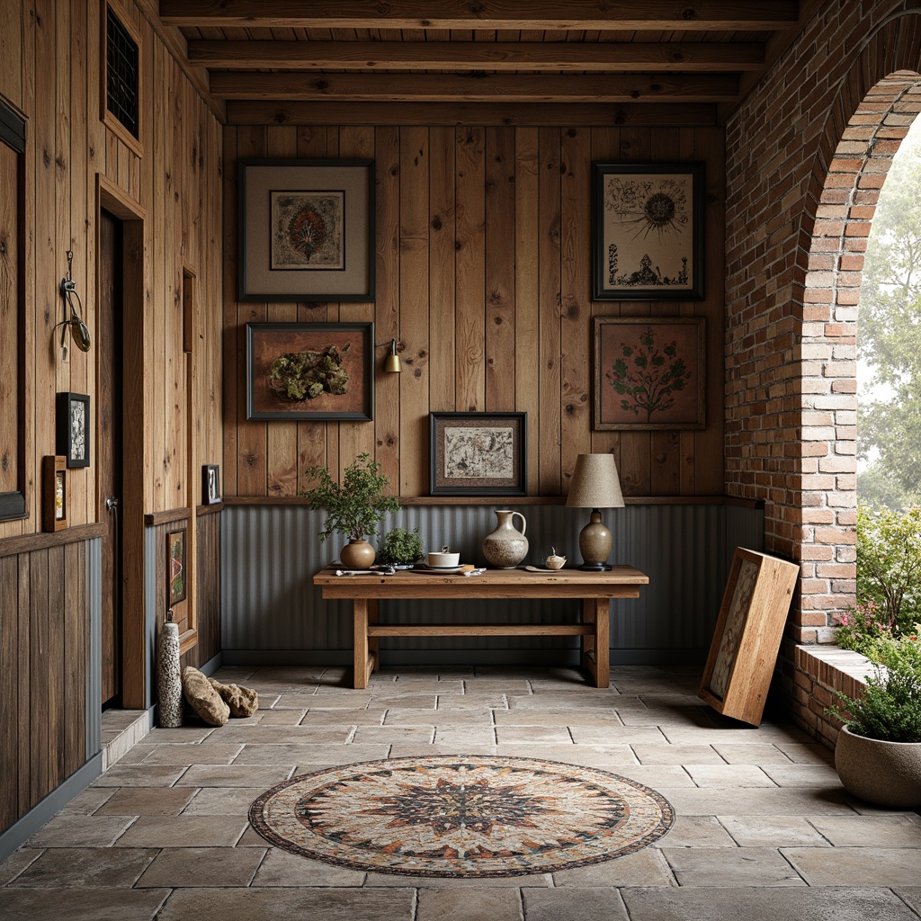 Prompt: Rustic wooden planks, weathered stone walls, rough-hewn brick facades, distressed metal sheets, peeling paint finishes, worn concrete floors, ornate tile mosaics, intricate stonework patterns, natural fiber textiles, earthy color palette, warm soft lighting, shallow depth of field, 1/2 composition, realistic material textures, ambient occlusion.