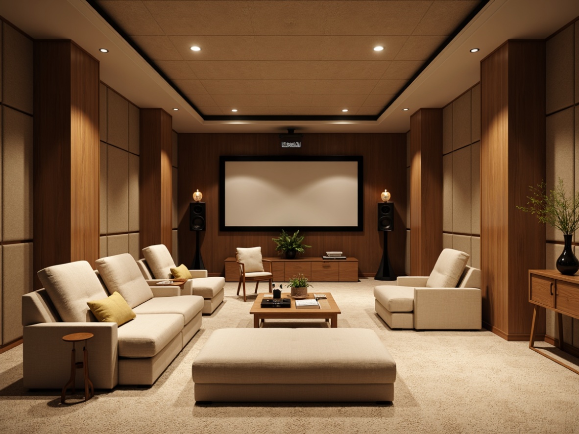 Prompt: Cozy home theater, soundproofed walls, acoustic panels, soft plush carpets, comfortable reclining seats, warm ambient lighting, rich wood accents, minimal echo, optimal speaker placement, precise sound calibration, immersive audio experience, calming atmosphere, peaceful ambiance, natural fabric upholstery, ergonomic furniture design, spacious open layout, high ceiling, subtle color scheme, warm beige tones, soft cream hues.