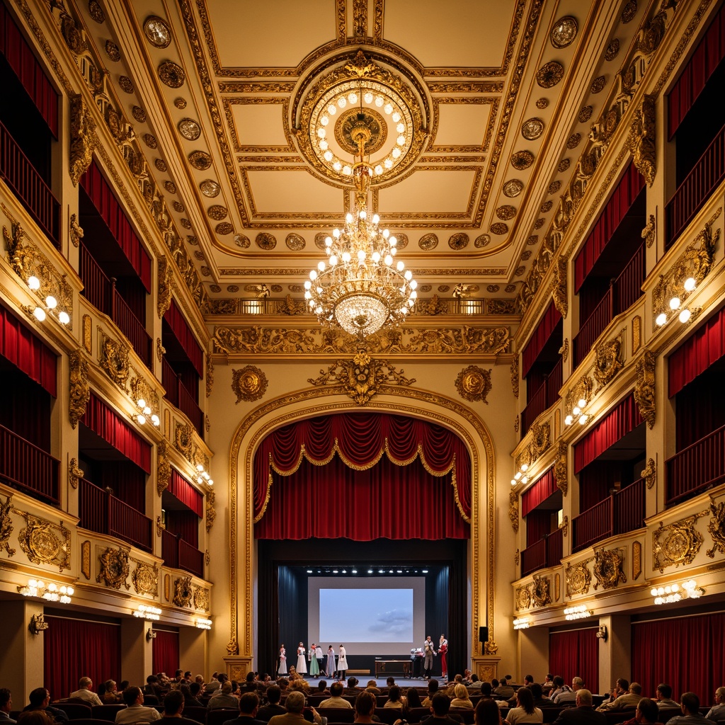 Prompt: Ornate opera house ceiling, Baroque architectural details, gold leaf accents, crystal chandeliers, grandiose frescoes, velvet drapes, lavish stucco work, ornamental moldings, intricate carvings, regal balconies, majestic archways, dramatic spotlights, warm golden lighting, soft shadows, 1/2 composition, symmetrical framing, realistic textures, ambient occlusion.