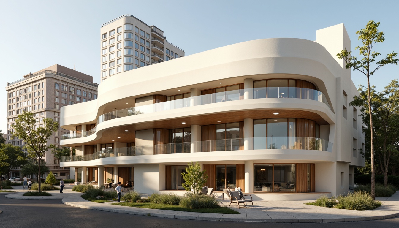 Prompt: Streamlined Moderne building, curved lines, minimalist ornaments, monochromatic color scheme, soft pastel hues, creamy whites, rich wood accents, metallic trim, large windows, sliding glass doors, urban cityscape, morning sunlight, subtle shading, atmospheric perspective, 1/1 composition, cinematic lighting, realistic reflections, ambient occlusion.