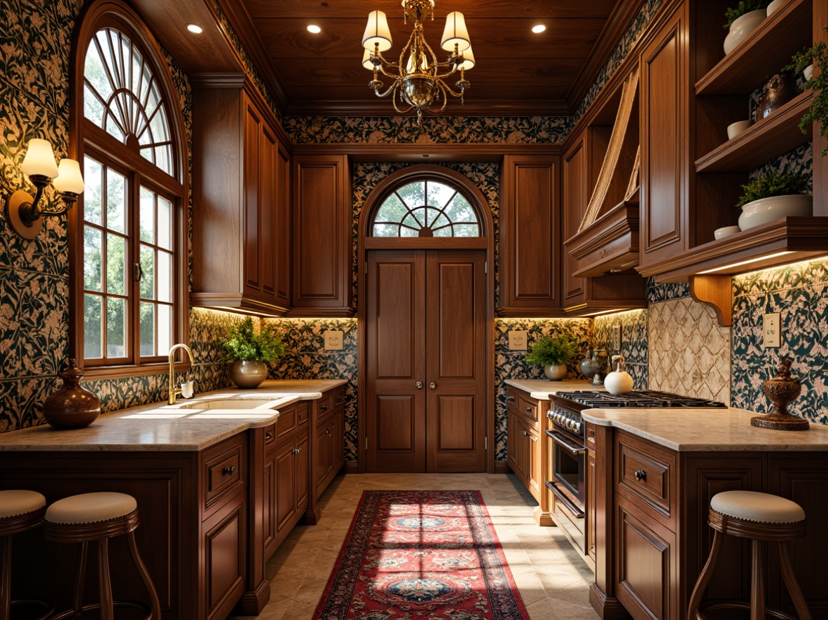 Prompt: Intricate kitchen cabinetry, ornate metalwork, flowing organic lines, sinuous curves, stained glass doors, vibrant colored ceramics, polished wooden countertops, ornamental lighting fixtures, botanical motifs, elegant curved legs, upholstered stools, richly patterned rugs, warm golden lighting, soft focus blur, 1/1 composition, high contrast ratio, realistic wood textures, ambient occlusion.