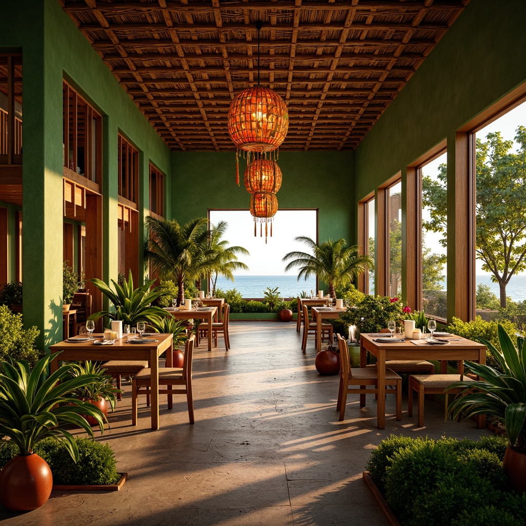 Prompt: Vibrant tropical dining hall, lush green walls, exotic plants, natural wood accents, warm golden lighting, pendant lanterns, rattan furniture, colorful tiki torches, rustic stone floors, woven bamboo ceiling, airy open spaces, large windows, sliding glass doors, ocean views, sunset ambiance, soft warm glow, shallow depth of field, 1/1 composition, realistic textures, ambient occlusion.