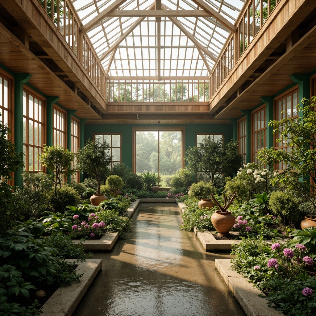 Prompt: Vibrant Asian-style greenhouse, lush tropical plants, natural wood accents, intricately carved wooden latticework, serene water features, soft diffused lighting, misty atmosphere, exotic flowers, delicate bonsai trees, verdant green walls, earthy terracotta pots, warm beige tones, organic textures, shallow depth of field, 1/2 composition, realistic renderings, ambient occlusion.