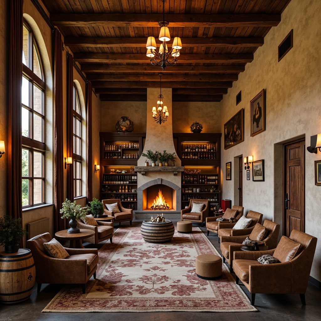 Prompt: Rustic winery interior, earthy tone color scheme, warm beige walls, rich wooden accents, dark oak barrels, vintage metal decor, soft golden lighting, cozy fireplaces, natural stone floors, woven textiles, distressed leather furniture, elegant chandeliers, luxurious velvet drapes, sophisticated wine displays, ornate wooden wine racks, subtle grape patterned rugs, intimate ambiance, soft focus, warm color temperature, 1/1 composition.