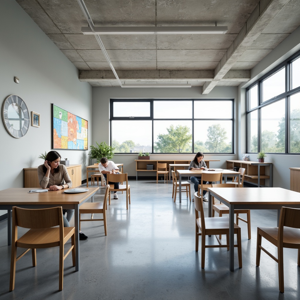 Prompt: Simple high school classroom, minimal decor, functional furniture, ergonomic chairs, wooden tables, metal legs, adjustable heights, comfortable seating, abundant natural light, large windows, soft gray walls, polished concrete floors, modern ceiling lamps, subtle color schemes, calm atmosphere, shallow depth of field, 1/1 composition, realistic textures, ambient occlusion.