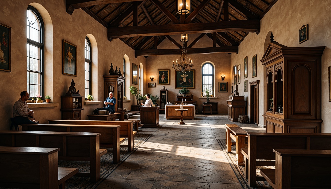 Prompt: Rustic monastery interior, wooden pews, stone floors, vaulted ceilings, stained glass windows, ornate chandeliers, wooden altarpieces, intricately carved furniture, antique wooden benches, woven tapestries, natural fiber rugs, warm candlelight, soft ambient lighting, shallow depth of field, 3/4 composition, realistic textures, ambient occlusion, wooden confessional booths, prayer desks, lecterns, monastery-style chairs, hand-carved wooden decorations, distressed wood finishes.