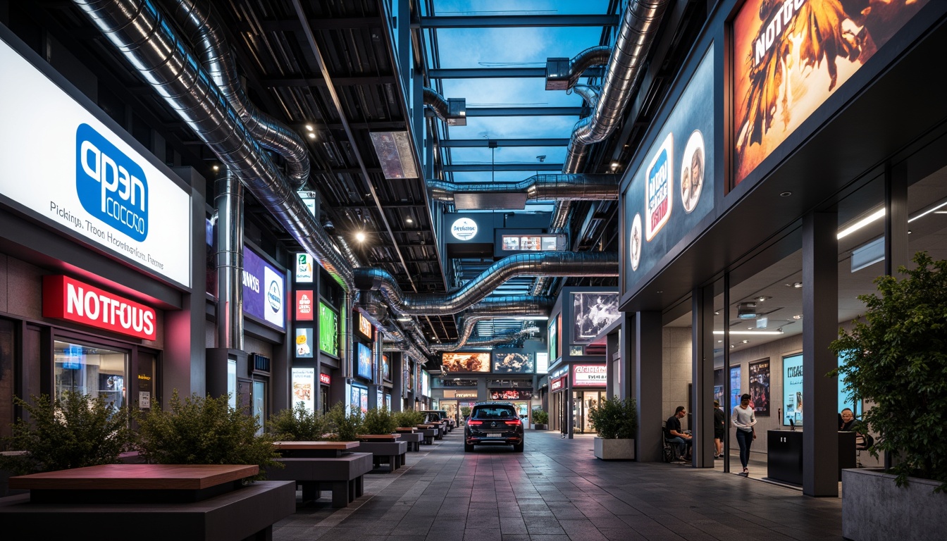 Prompt: Silver accents, postmodern architecture, abstract shapes, irregular forms, bold colors, clashing patterns, industrial materials, exposed ductwork, polished metal surfaces, reflective glass walls, neon lights, urban cityscape, concrete jungle, dramatic shadows, high-contrast lighting, 1-point perspective, cinematic composition, moody atmosphere, futuristic ambiance.