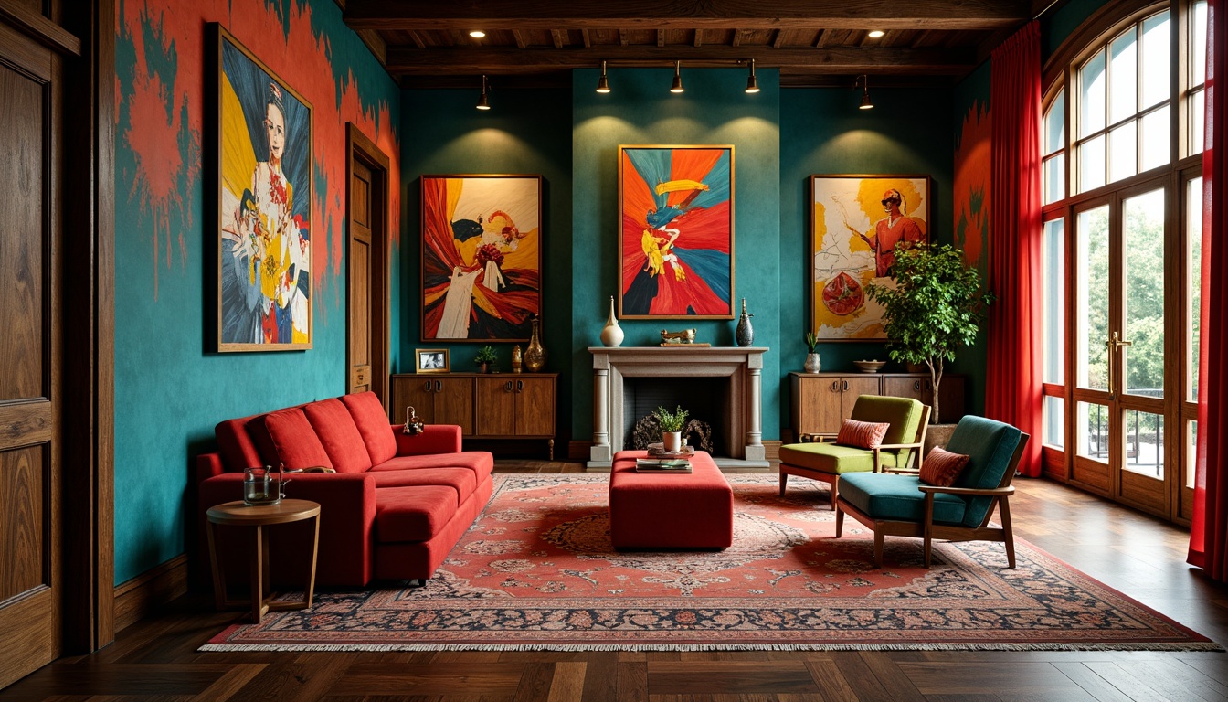 Prompt: Vibrant avant-garde interior, bold color clashes, expressive brushstroke textures, warm golden lighting, rich turquoise accents, deep crimson hues, moody indigo tones, eclectic furniture pieces, abstract art installations, distressed wood finishes, ornate metal fixtures, lavish velvet upholstery, intricate patterned rugs, dramatic floor-to-ceiling drapes, cinematic shadows, 1/2 composition, warm contrast, high-key lighting.