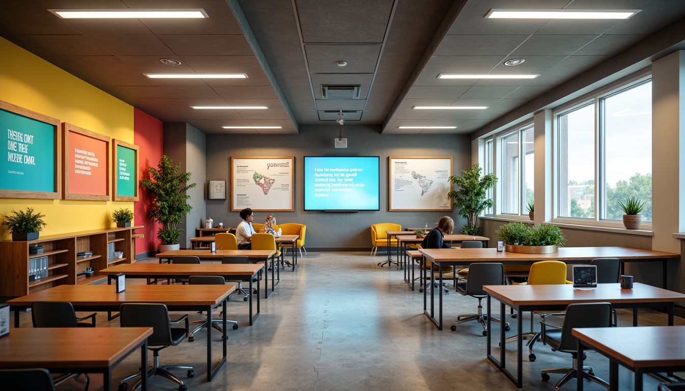 Prompt: Vibrant educational setting, modern classroom interior, bright overhead lighting, warm LED lamps, natural daylight, floor-to-ceiling windows, wooden desks, ergonomic chairs, interactive whiteboards, colorful wall art, motivational quotes, soft ambient glow, 1/1 composition, shallow depth of field, realistic textures, subtle shadowing.