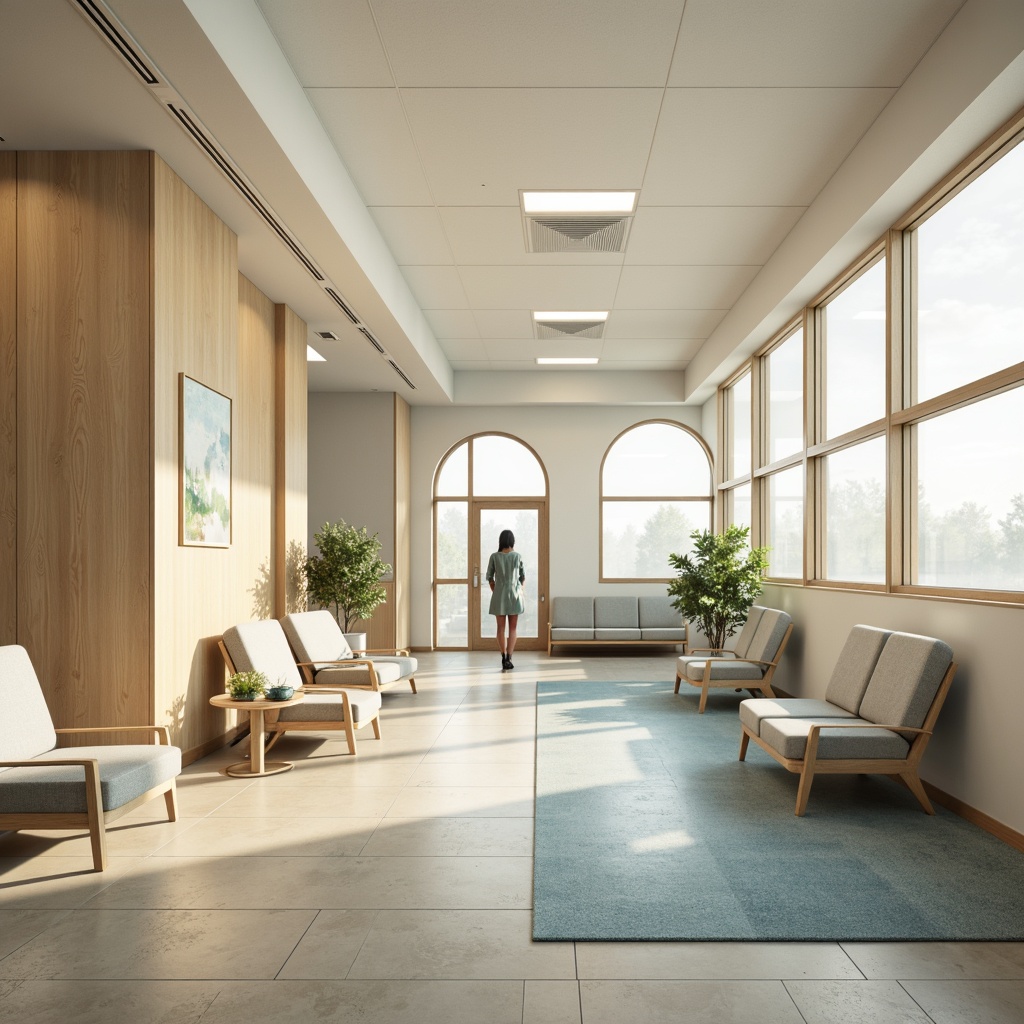 Prompt: Calming healthcare facility, soothing color scheme, gentle pastel hues, creamy whites, warm beige tones, soft blues, pale greens, calming yellows, natural wood accents, comfortable seating areas, peaceful waiting rooms, serene patient rooms, abundant natural light, large windows, minimal ornamentation, clean lines, simple shapes, subtle textures, non-institutional feel, inviting atmosphere, reduced anxiety, improved well-being, warm lighting, soft shadows, 1/1 composition, realistic rendering, ambient occlusion.