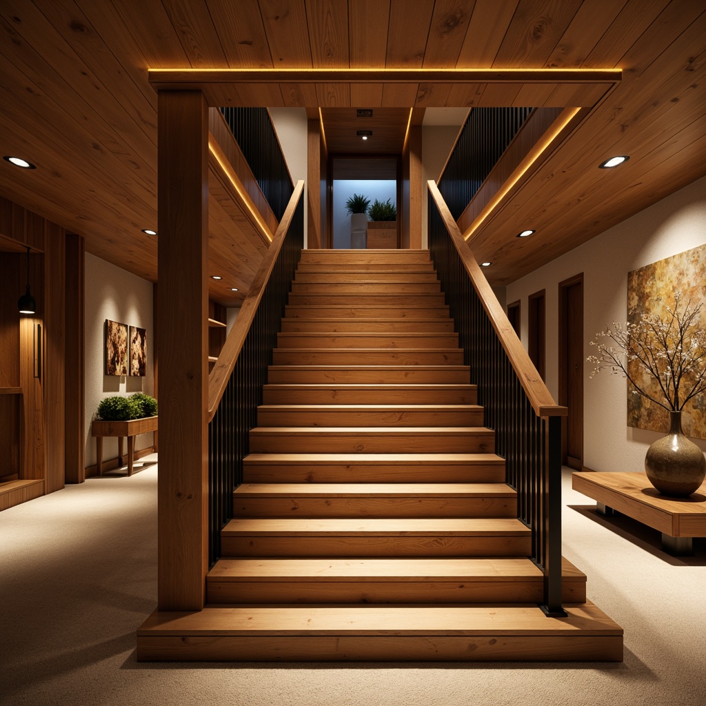 Prompt: Warm wooden staircase, mid-century modern design, sleek metal handrails, minimalist newel posts, open risers, natural oak treads, warm beige carpeting, ambient warm lighting, soft glow LED strips, recessed ceiling lights, bronze sconces, pendant lamps, industrial-chic fixtures, dramatic shadowing, high-contrast lighting, 1/1 composition, shallow depth of field, realistic textures, subtle color grading.