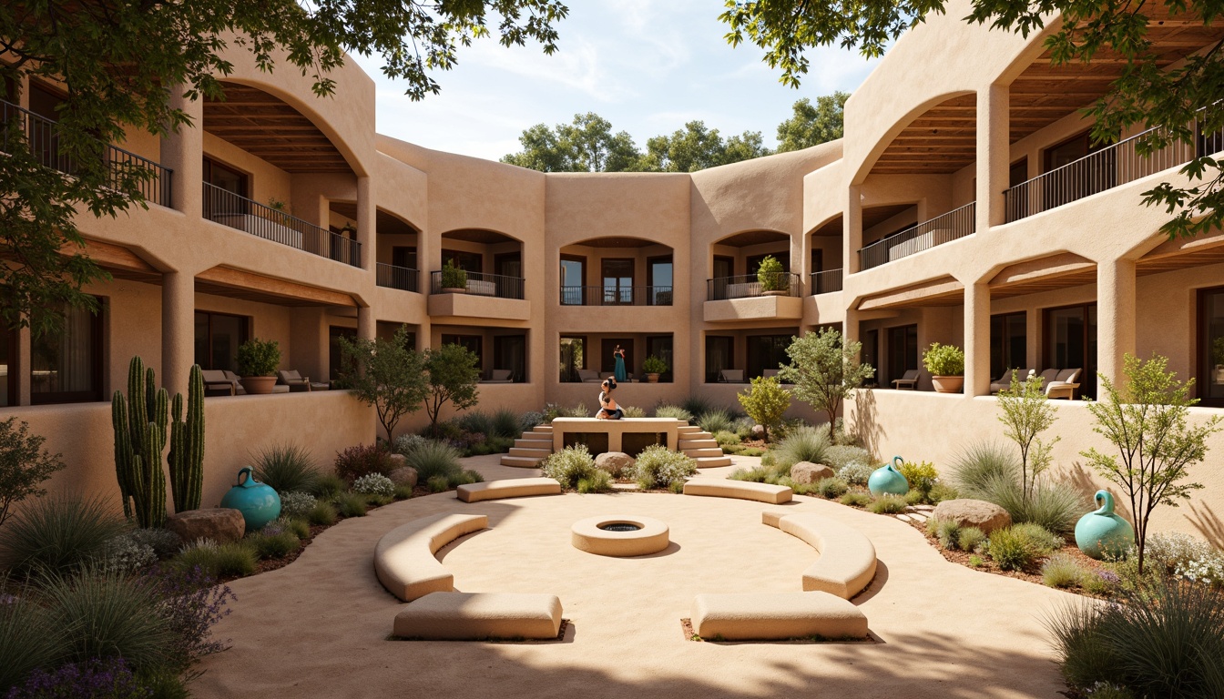 Prompt: Southwestern amphitheater, earthy tones, adobe architecture, curved seating areas, natural stone walls, wooden accents, vibrant turquoise decorative elements, warm beige sandy floors, abundant cacti, sprawling succulents, open sky ceiling, clerestory windows, soft warm lighting, indirect sunlight, shallow depth of field, 1/1 composition, panoramic view, realistic textures, ambient occlusion.