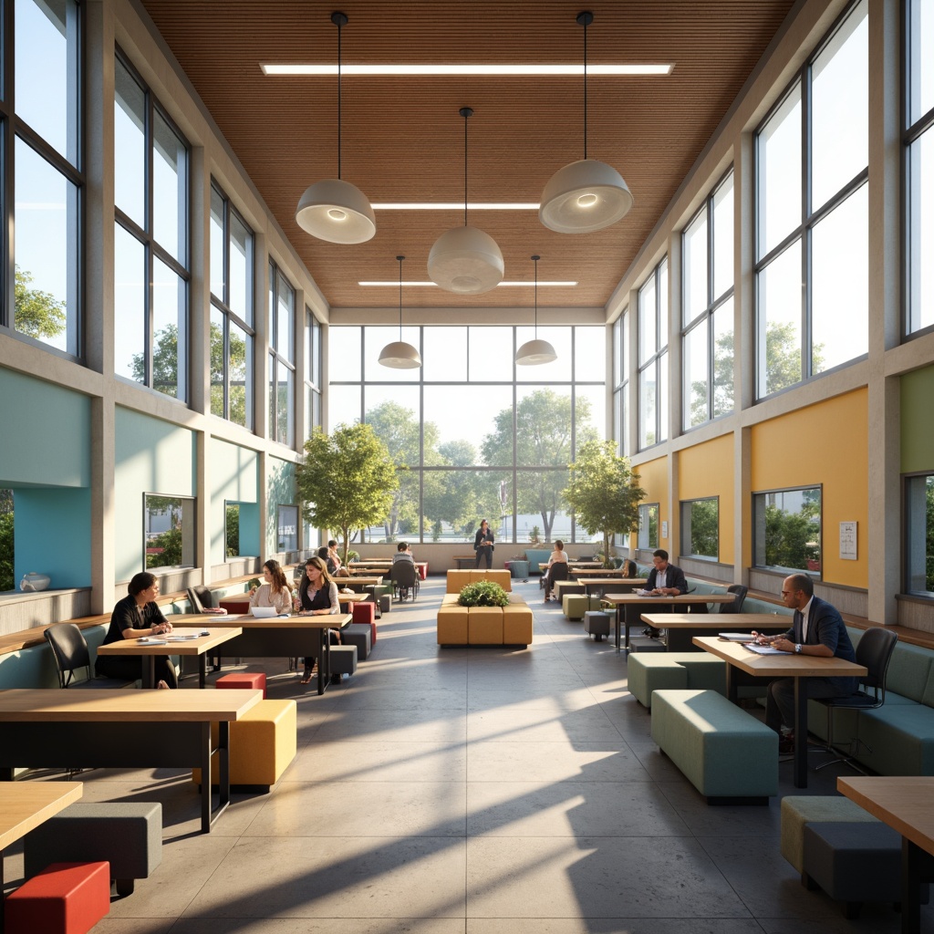 Prompt: Modern educational institution, bright airy classrooms, large windows, natural daylight, soft warm lighting, suspended ceiling lamps, circular pendant lights, LED strip lights, colorful accent walls, interactive whiteboards, collaborative learning spaces, comfortable seating areas, flexible modular furniture, minimal shadows, high color rendering index, 1/1 composition, realistic textures, ambient occlusion.