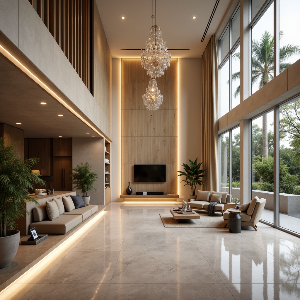 Prompt: Modern luxury living room, sleek lines, minimalist decor, high ceilings, floor-to-ceiling windows, natural light, warm beige walls, polished marble floors, sophisticated chandeliers, crystal pendants, recessed lighting, dimmable LED lights, soft warm glow, ambient illumination, 1/1 composition, shallow depth of field, realistic textures, subtle reflections.