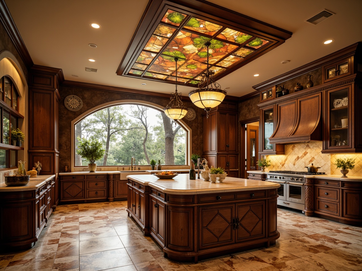 Prompt: Ornate kitchen island, flowing organic curves, elegant cabinetry, warm golden lighting, Art Nouveau-inspired fixtures, sinuous metalwork, stained glass shades, iridescent colors, luxurious marble countertops, ornamental tiles, rich wood tones, high ceilings, grand chandeliers, soft warm glow, dramatic shadows, 1/1 composition, shallow depth of field, realistic textures.