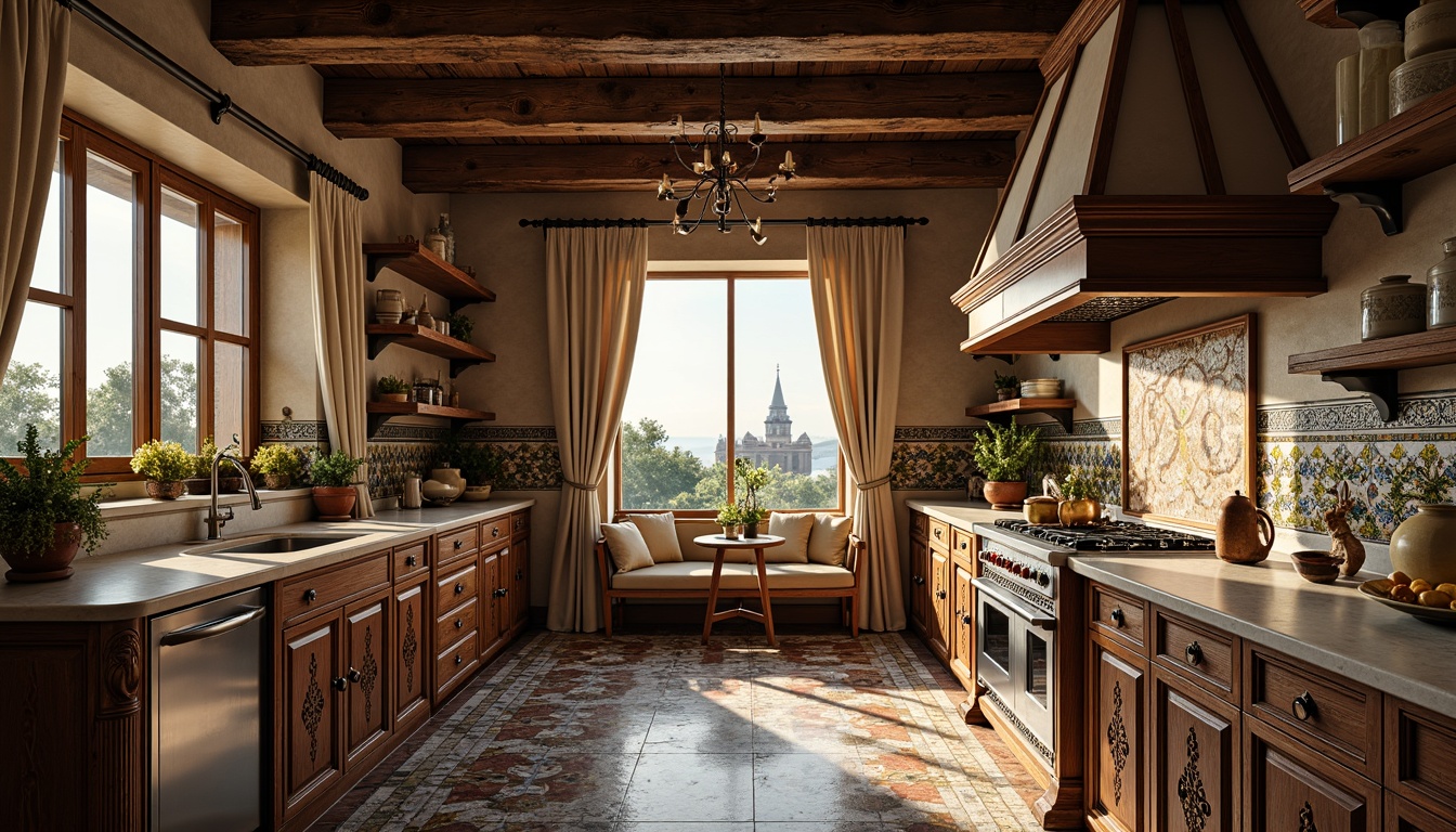 Prompt: Elegant kitchen interior, ornate cabinetry, intricate carvings, luxurious marble countertops, polished chrome fixtures, soft warm lighting, atmospheric shadows, 3/4 composition, shallow depth of field, rustic wooden flooring, vibrant colorful tiles, Moroccan-inspired geometric patterns, botanical motifs, delicate lace details, antique furniture pieces, distressed finishes, cozy breakfast nook, panoramic view.