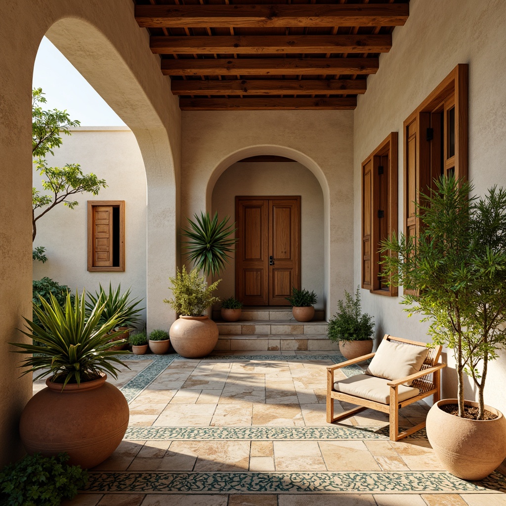 Prompt: Warm Mediterranean interior, textured walls, soft beige stucco, distressed wood accents, ornate ceramic tiles, rustic stone flooring, vibrant turquoise hues, natural woven fibers, earthy terracotta pots, lush greenery, arched windows, wooden shutters, soft warm lighting, shallow depth of field, 3/4 composition, inviting atmosphere, realistic textures, ambient occlusion.