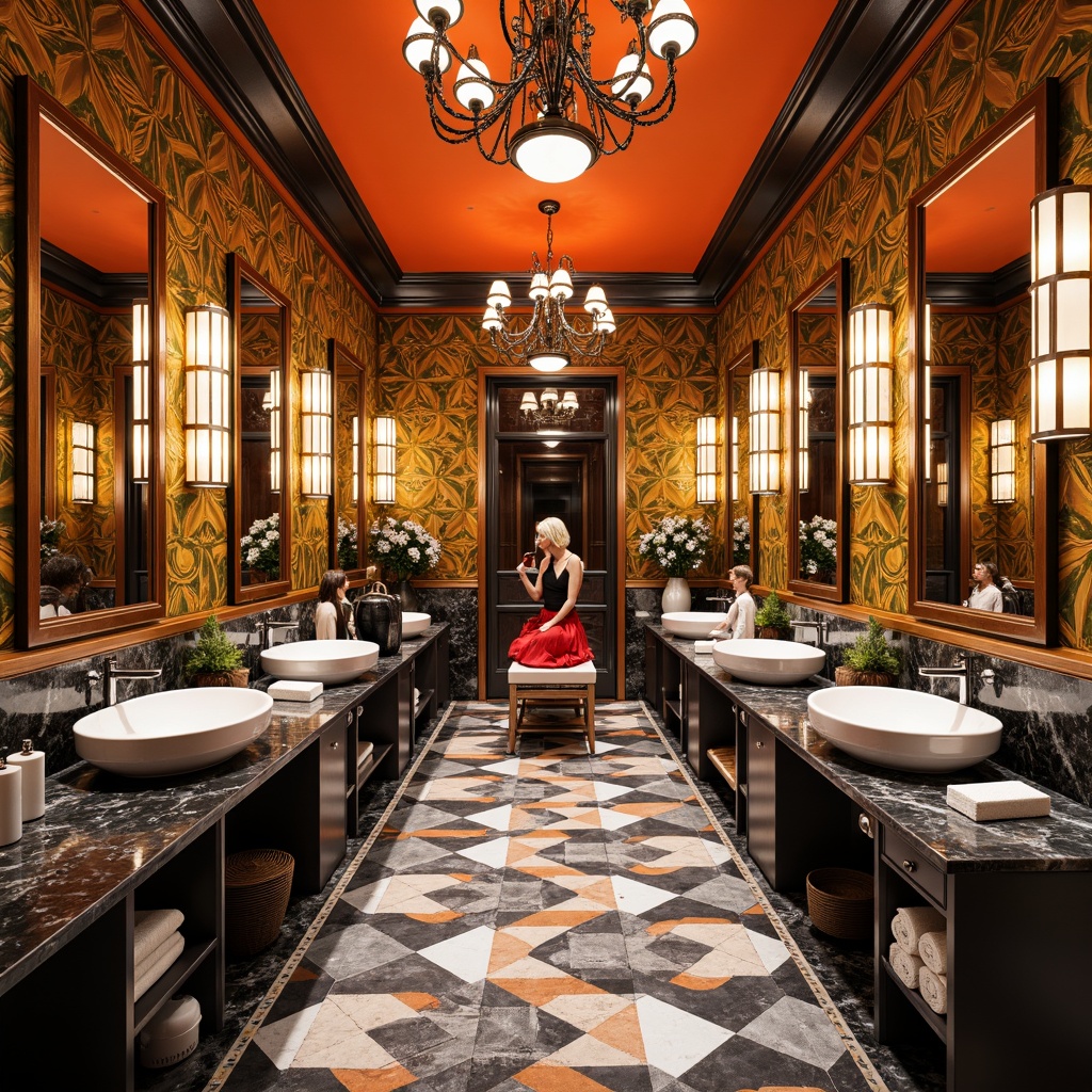 Prompt: Vibrant powder room, bold geometric patterns, metallic accents, luxurious marble countertops, ornate mirrors, lavish chandeliers, soft warm lighting, shallow depth of field, 3/4 composition, panoramic view, realistic textures, ambient occlusion.