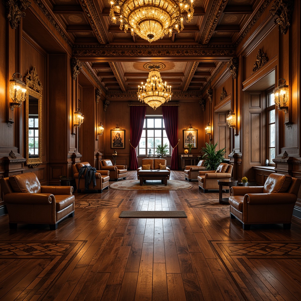 Prompt: Richly polished wooden floors, dark walnut tones, ornate patterns, intricate inlays, vintage-inspired gym equipment, distressed leather upholstery, luxurious velvet drapes, opulent chandeliers, warm golden lighting, high ceilings, grand architectural details, regal color palette, elegant mirrors, sophisticated wall treatments, refined textures, detailed moldings, nostalgic atmosphere, 1/1 composition, soft focus, cinematic lighting.