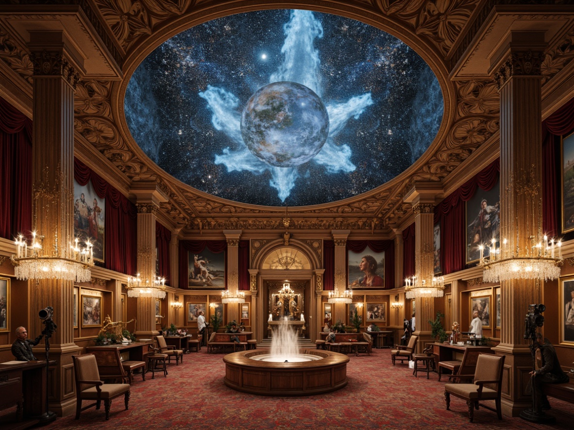 Prompt: Intricate Victorian-style planetarium, ornate plasterwork, grand celestial dome, starry night sky projection, constellation patterns, richly colored frescoes, intricate wood carvings, vintage astronomy instruments, antique telescopes, luxurious velvet drapes, golden accents, crystal chandeliers, soft warm lighting, shallow depth of field, 1/1 composition, realistic textures, ambient occlusion.