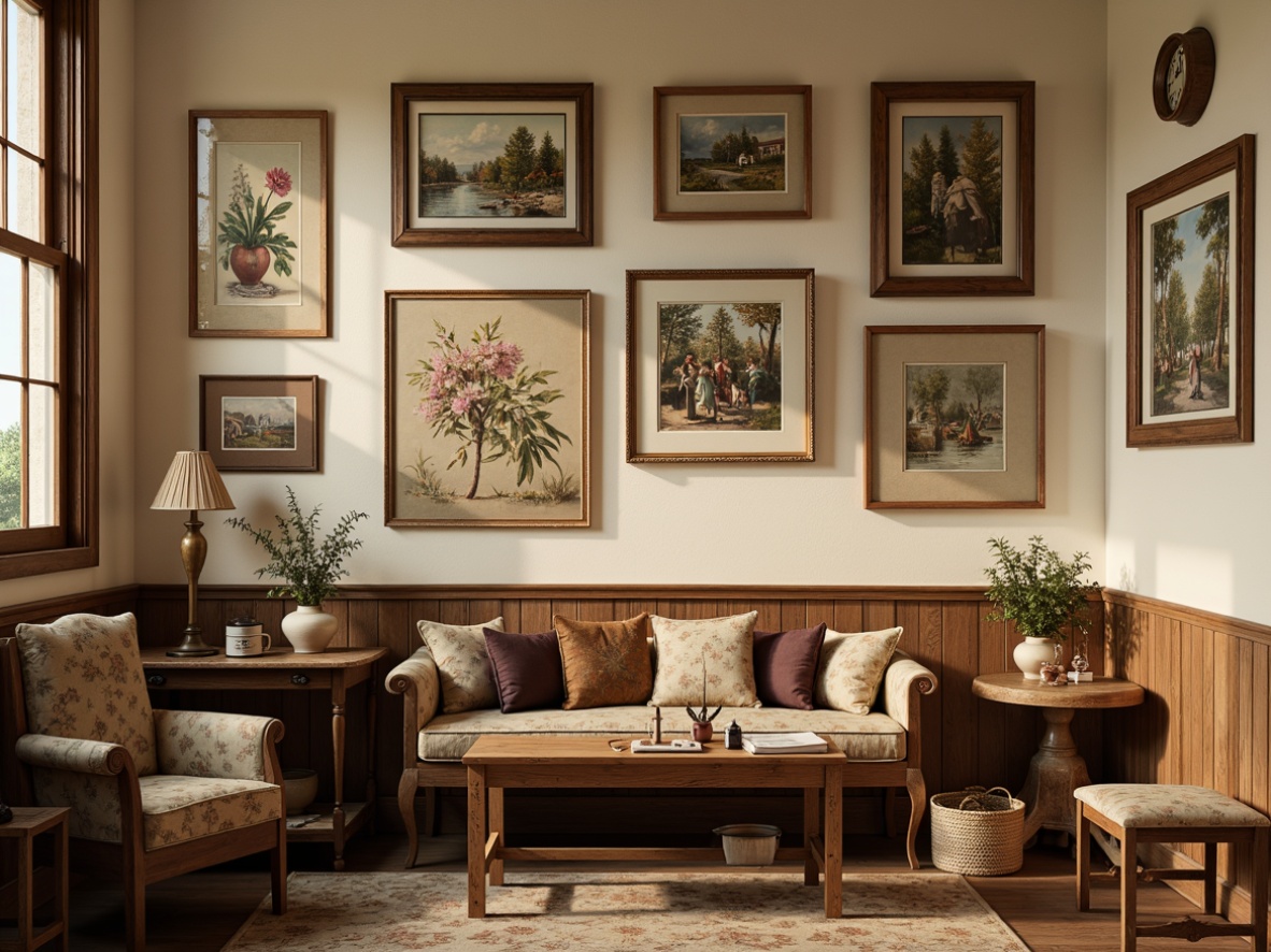 Prompt: Rich wooden tones, soft cream accents, warm beige walls, vintage craft tools, distressed finishes, elegant ornate frames, floral patterns, pastel color schemes, rustic wood furniture, classic oil paintings, softbox lighting, subtle shadows, 1/1 composition, realistic textures, ambient occlusion.