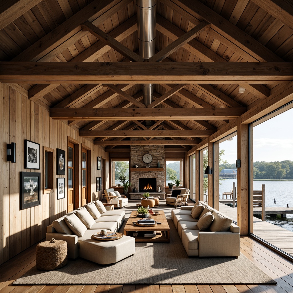 Prompt: Waterfront boathouse, rustic wooden docks, nautical ropes, open floor plan, craftsman style interior, wooden beams, exposed ductwork, stone fireplace, cozy reading nooks, plush sectional sofas, vintage nautical decor, distressed wood accents, natural textiles, earthy color palette, large windows, sliding glass doors, outdoor seating area, lake or river views, warm sunny day, soft diffused lighting, shallow depth of field, 1/1 composition, realistic wood textures, ambient occlusion.