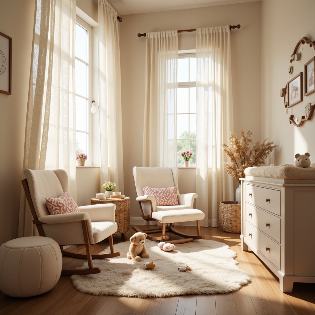 Prompt: Cozy nursery, plush toys, soft pastel colors, gentle lighting, warm beige walls, comfortable gliders, oversized pillows, snuggle-up blankets, delicate lace curtains, creamy white furniture, rounded edges, soothing atmosphere, morning sunlight, shallow depth of field, 1/1 composition, realistic textures, ambient occlusion.