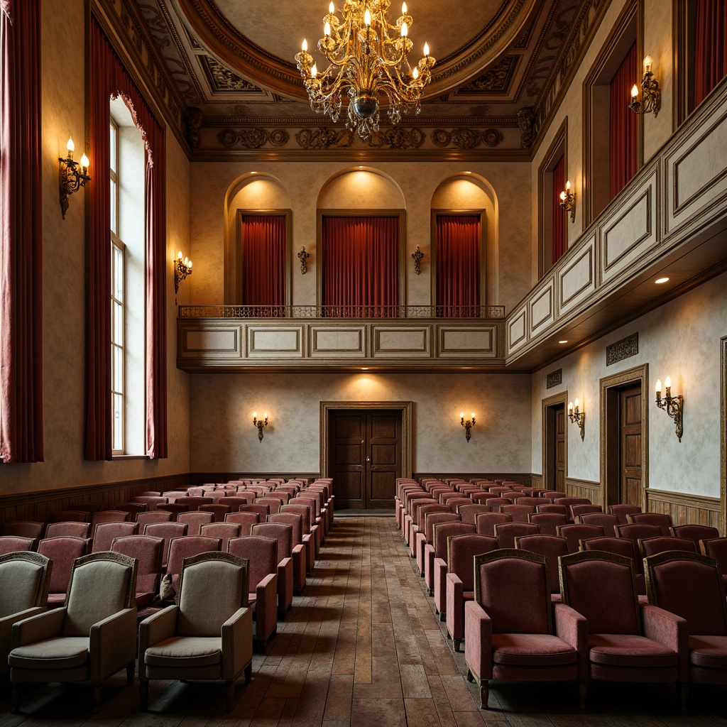 Prompt: Vintage-inspired auditorium, distressed velvet upholstery, faded pastel colors, ornate wooden accents, intricate carvings, soft warm lighting, golden metal fixtures, luxurious drapery, rich fabrics, tufted buttons, studded patterns, worn leather armrests, rustic wooden floors, elegant chandeliers, subtle distressed textures, shallow depth of field, 1/1 composition, realistic render, ambient occlusion.